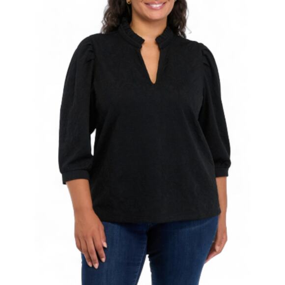 Crown & Ivy Black Jacquard Top Blouse Plus 4X Ruffle V-Neck 3/4 Sleeve NWT - Picture 1 of 9